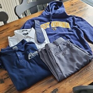 Mens 5 Pc. Large/XL Roots Navy Polo,Gray Pants, White Shirt, Hoodie & tie